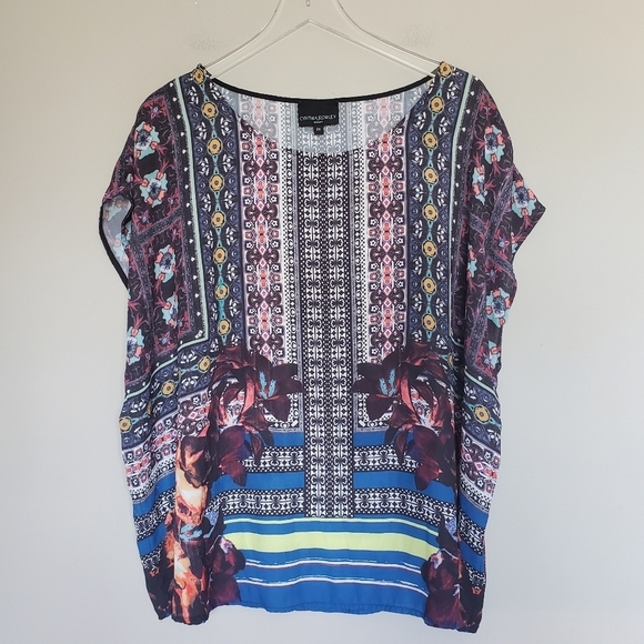 Cynthia Rowley Boho Floral Geometric Print Kaftan Tunic Top Plus Size 2X - Picture 1 of 6